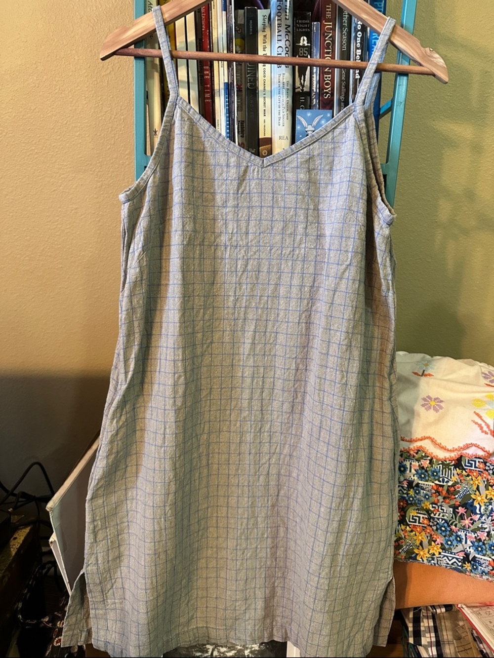 Light Blue Checked Spaghetti-Strap Dress